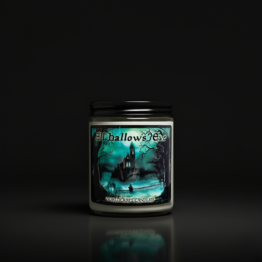 Halloween fantasy candle 'All Hallows Eve' label on a dark background