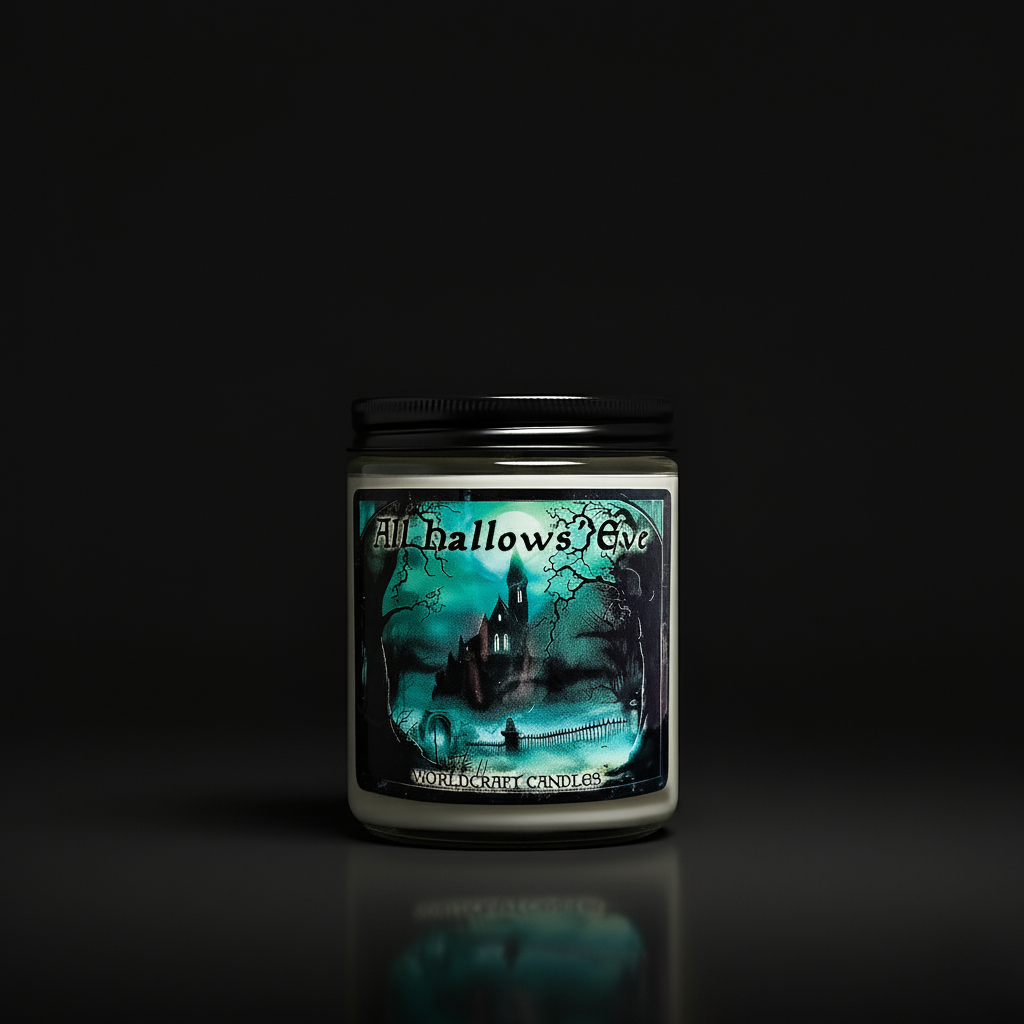 Halloween fantasy candle 'All Hallows Eve' label on a dark background