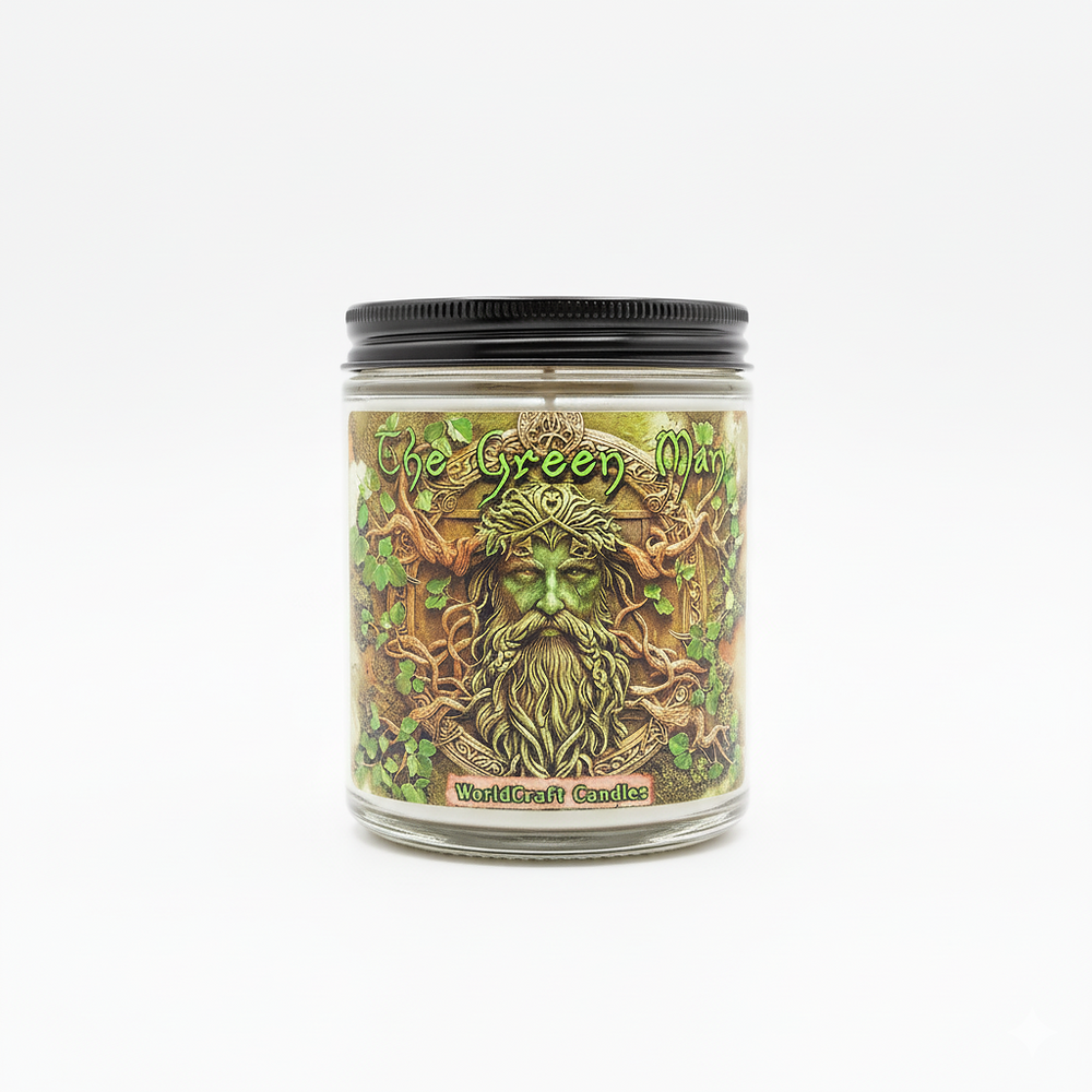 Fantasy candle with a green man design on a white background