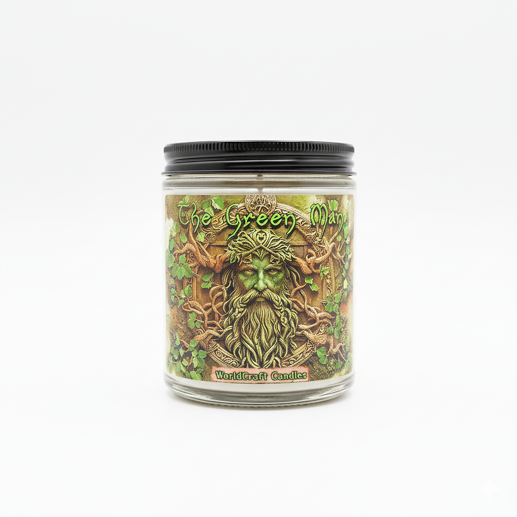 Fantasy candle with a green man design on a white background