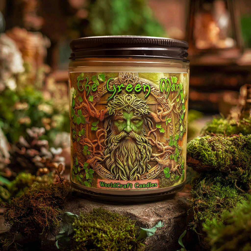 A celtic fantasy candle named Green Man sitting in a magical forest setting.