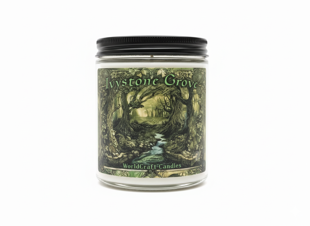 A fantasy candle named 'Ivystone Grove' on a white surface and backdrop.