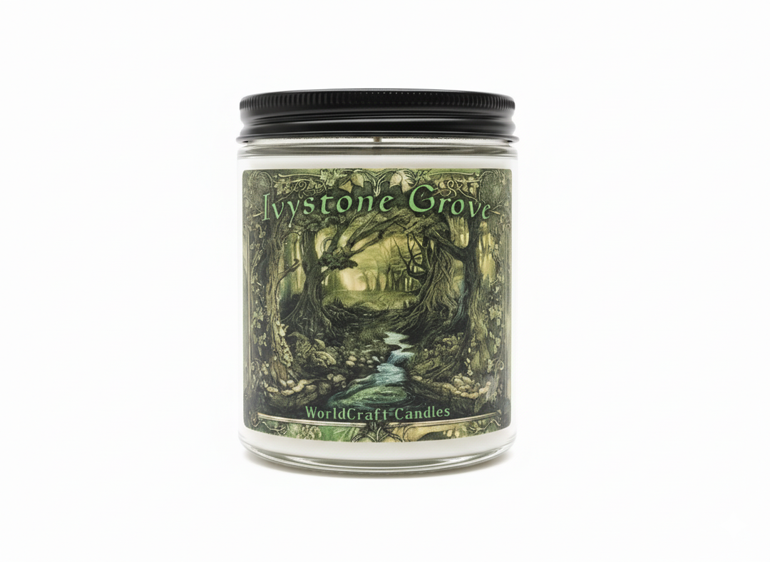 A fantasy candle named 'Ivystone Grove' on a white surface and backdrop.