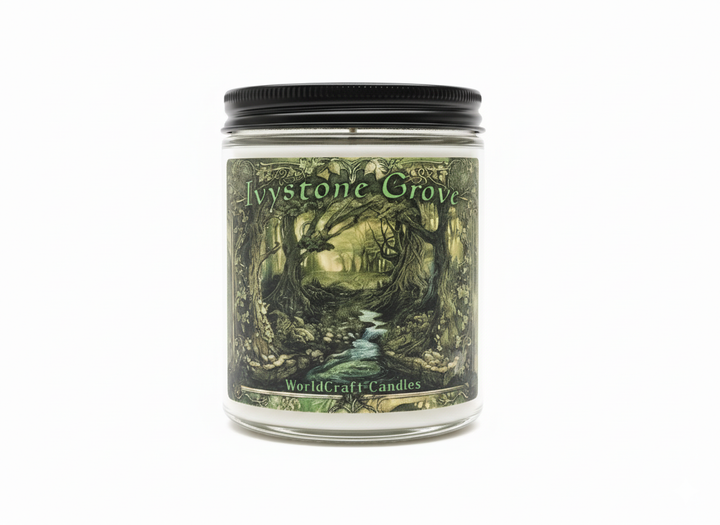 A fantasy candle named 'Ivystone Grove' on a white surface and backdrop.