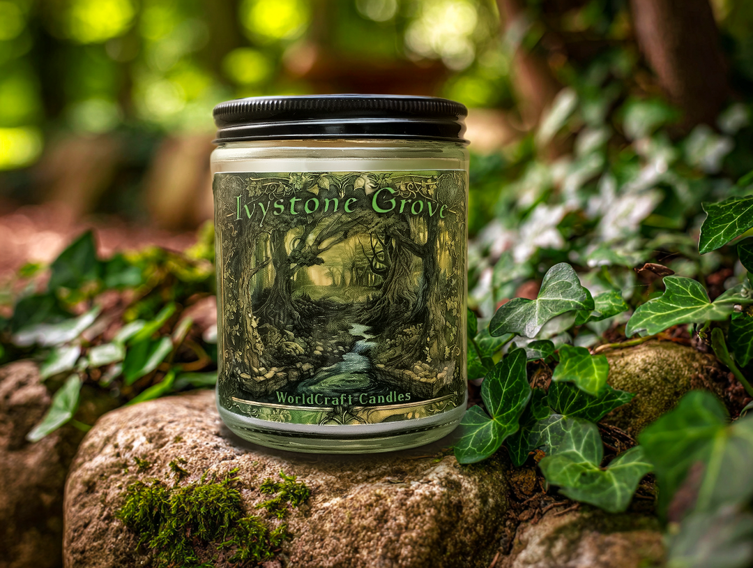 A fantasy candle named 'Ivystone Grove' on a stone surface with greenery in the background