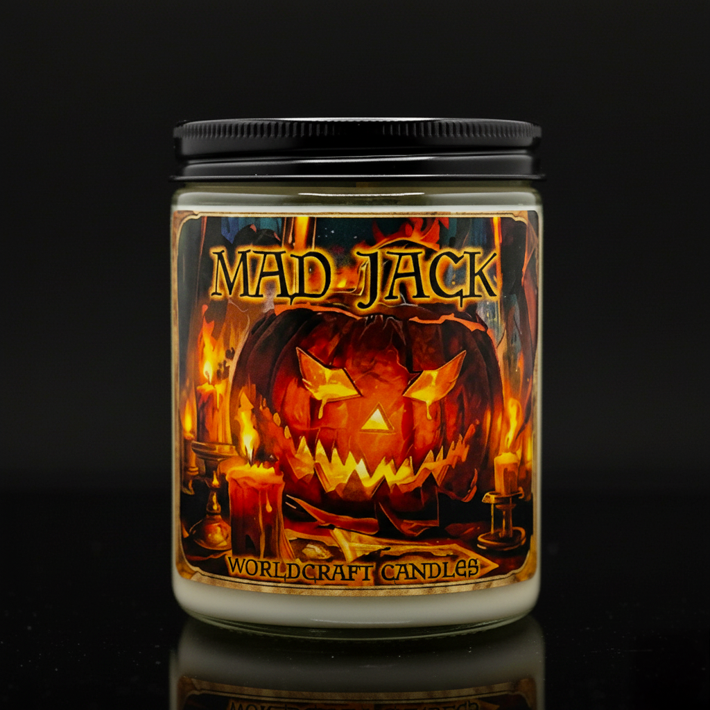 Fantasy pumpkin candle named Mad Jack staged on a black background