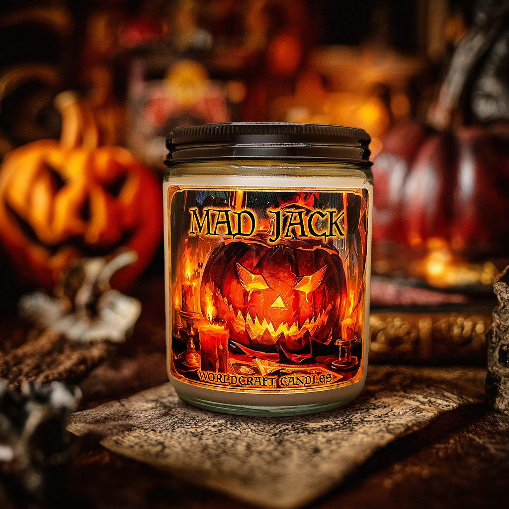 A Halloween pumpkin fantasy candle, sitting on parchment in front of a gothic  Halloween backdrop