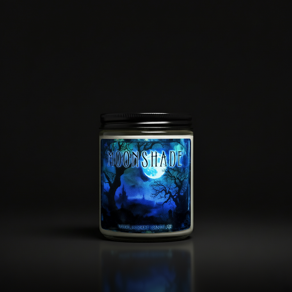 Halloween fantasy candle labeled 'Moonshade' with a moonlit forest design on a black background