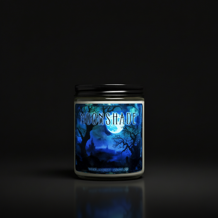 Halloween fantasy candle labeled 'Moonshade' with a moonlit forest design on a black background