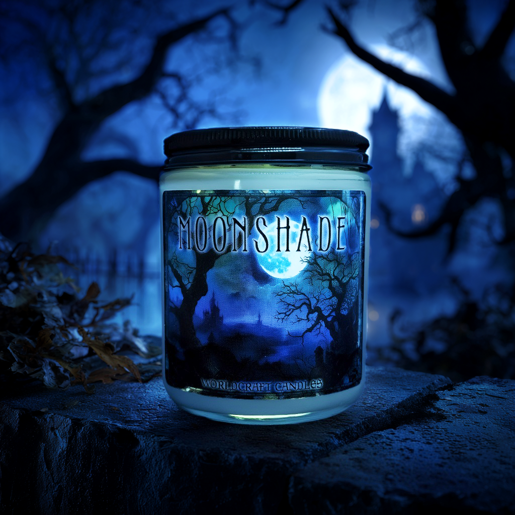Halloween fantasy candle named 'Moonshade' with a mystic moonlit moonlit graveyard setting