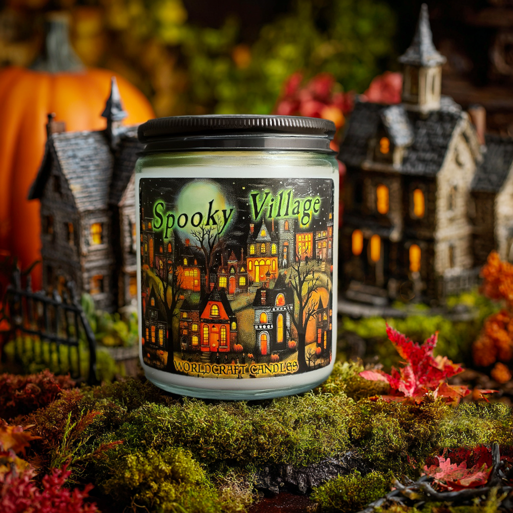A fantasy Halloween candle named spooky village staged in a Lemax and department 56 backdrop.