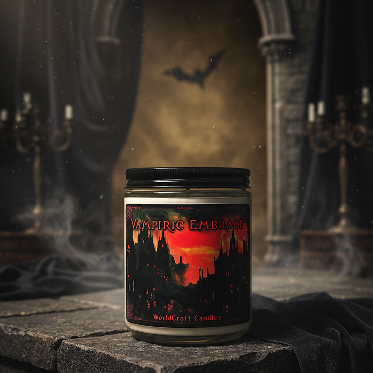 A gothic victorian fantasy candle named Vampiric Embrace sitting in a vampire gothic setting.
