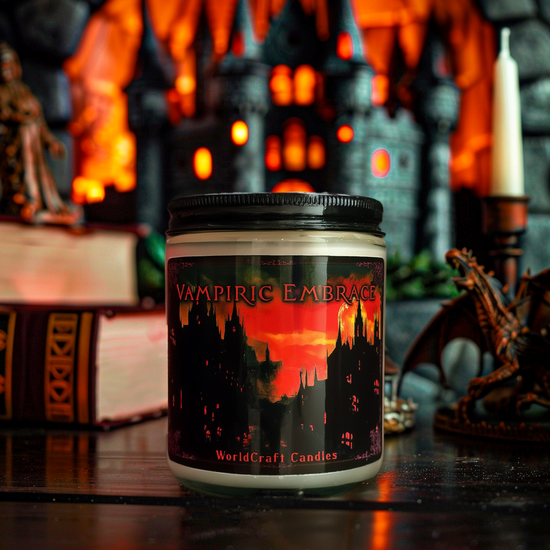 A gothic victorian fantasy candle named Vampiric Embrace sitting in a vampire gothic setting.