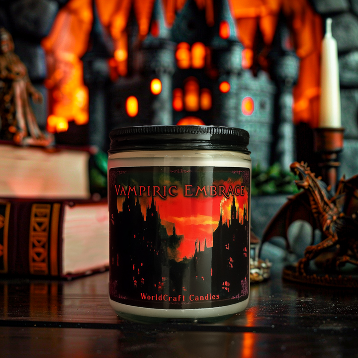 A gothic victorian fantasy candle named Vampiric Embrace sitting in a vampire gothic setting.