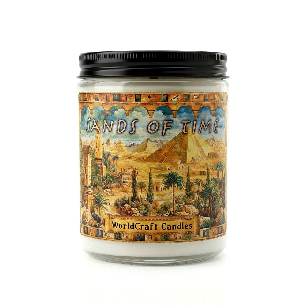 An egyptian fantasy candle named sands of time, set in a simple modern white background setting.