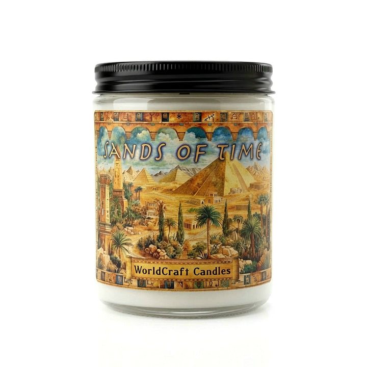 An egyptian fantasy candle named sands of time, set in a simple modern white background setting.