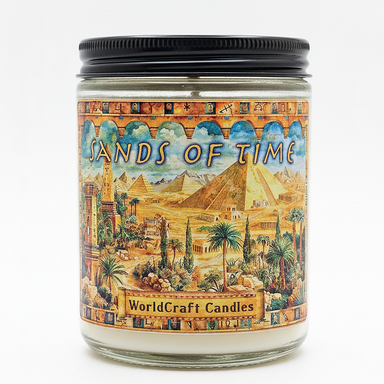 An egyptian fantasy candle named sands of time, sitting in an ancient egypt setting.