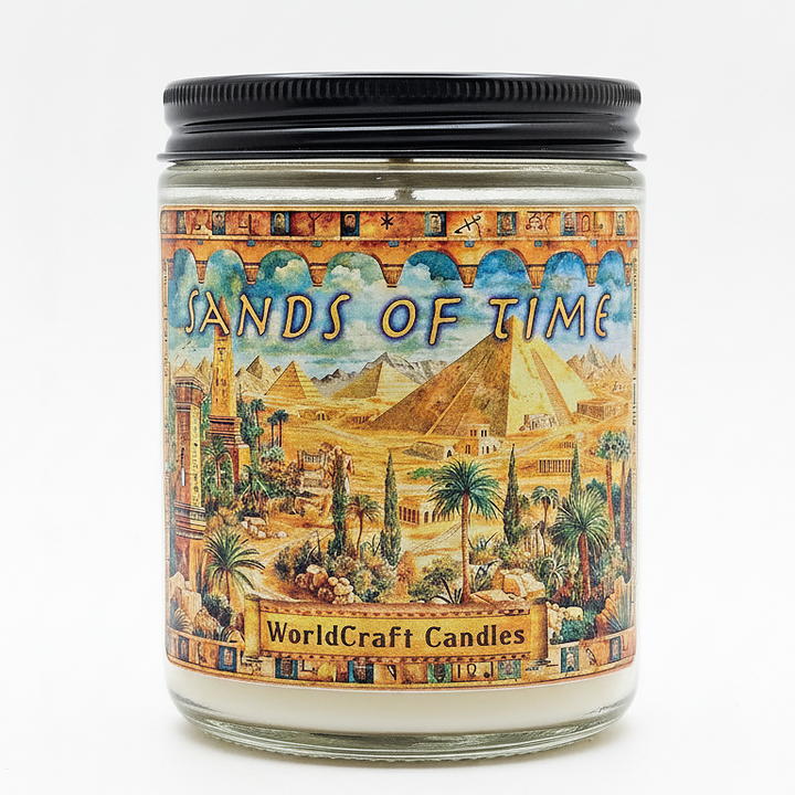 An egyptian fantasy candle named sands of time, sitting in an ancient egypt setting.