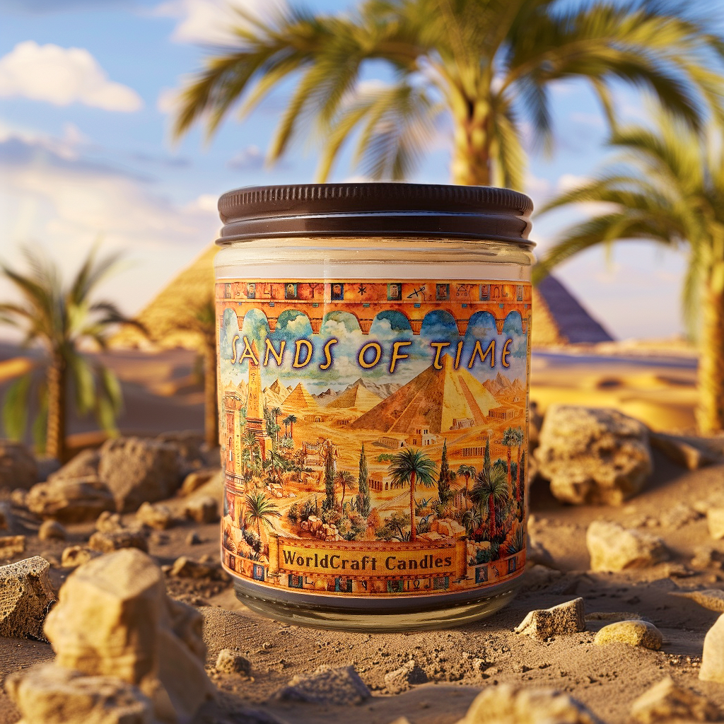 An egyptian fantasy candle named sands of time, sitting in an ancient egypt setting.